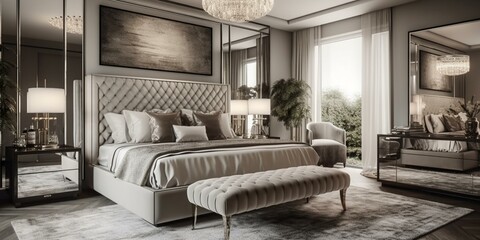 A glam Retro Bedroom with mirrored surfaces and metallic accents for a touch of glamour, generative ai