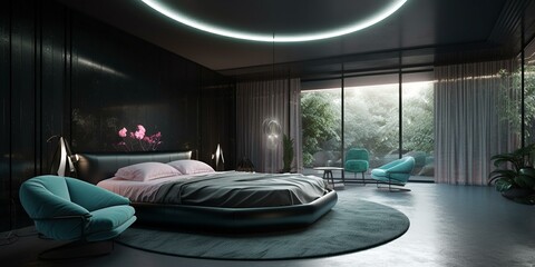 A futuristic Retro Bedroom with avant-garde lighting and statement furniture pieces for a bold statement, generative ai