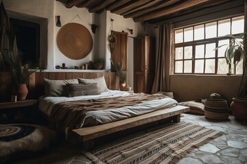 A Rustic Bedroom with Handwoven Textile Blankets and Handcrafted Ceramic Vases showcasing Natural Wood Bed and Side Tables, generative ai