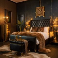 A bold Art Deco Bedroom with gilded animal print walls and metallic accents catch the light, making it a decadent retreat, generative ai