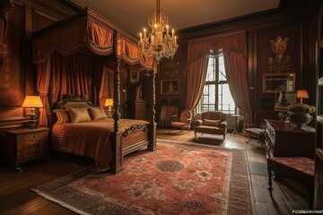 A grandiose Bedroom complete with velvet drapes, a regal four-poster bed, ornate candelabras and an antique Persian rug, generative ai
