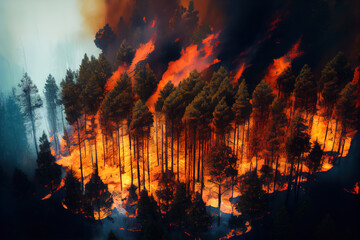 A view of fire burns in a forest from above. Ecology. Damage. Destruction. Risk. Danger. Heat. Hot. Combustion. Ignition. Inferno. Raging. Crisis. Trouble. Generative AI