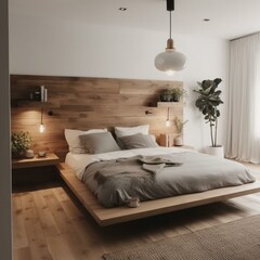 A Scandinavian-style bedroom with a focal point of a wall-mounted wooden headboard and minimalist decor, generative ai