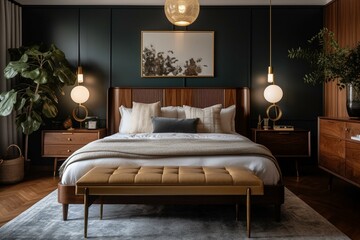 A dreamy Mid-Century Modern bedroom with a touch of glam, highlighted by rich teak and brass textures, generative ai