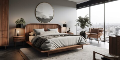 A masculine Mid-Century Modern bedroom with bold teak wood furniture and statement brass decor, generative ai