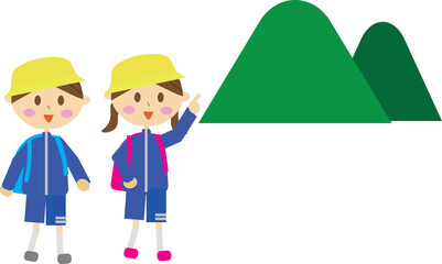 遠足で山登りに行っている小学生のイラスト・林間学校・レクリエーション