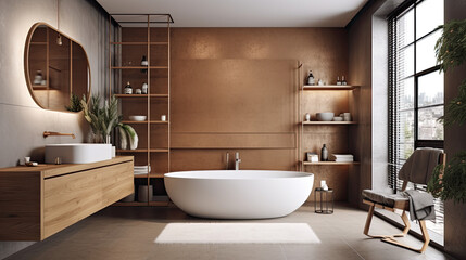 Fototapeta na wymiar Contemporary modern style bathroom interior design with luxury bathtub