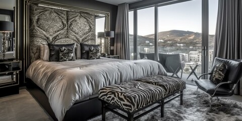 A luxurious Art Deco Bedroom featuring a statement metallic headboard and zebra-printed accent chairs, generative ai
