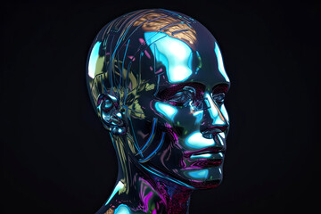 Abstract 3D render illustration of holographic human face in the wall