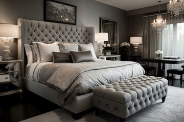 A sumptuous Bedroom with a plush chaise lounge and elegant brocade headboard, accented by delicate crystal lamps on either side, generative ai