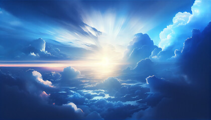 Generative AI, Dreamy Blue and White Cloudscape at Sunrise/Sunset