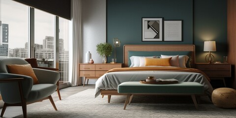 A Playful Mid-Century Modern Bedroom with Geometric Patterns and Tweed Textures, generative ai