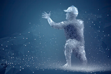 Obraz na płótnie Canvas Abstract baseball player from particles, lines and triangles on blue background