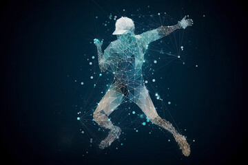 Fototapeta premium Abstract baseball player from particles, lines and triangles on blue background