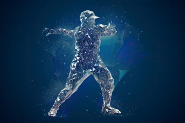 Fototapeta premium Abstract baseball player from particles, lines and triangles on blue background