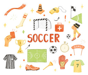 Soccer goal, ball and field. Football Graphic illustrations set isolated on white background