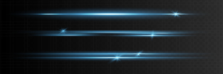 Blue horizontal lens flares pack. Laser beams, horizontal light rays.Beautiful light flares. Glowing streaks on dark background.
