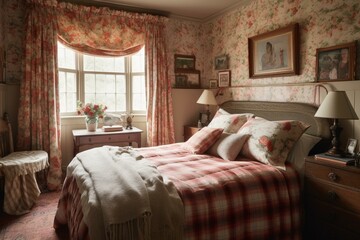 A cozy English bedroom with plaid curtains and floral bedding, generative ai