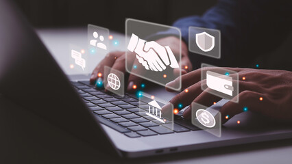 Fototapeta premium Businessman is using computer and business technology concept of Global Collaborative Network icon. Teamwork in internet communication.