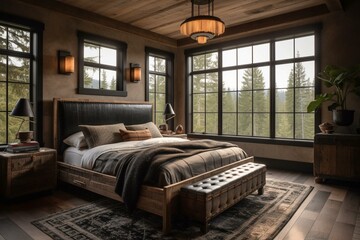 A Rustic Lodge bedroom that seamlessly blends traditional and modern elements, with a sleek leather platform bed and rustic plaid accents throughout, generative ai