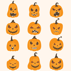 Set of halloween pumpkins, funny faces. Autumn holidays. Flat style vector spooky creepy pumpkins. Vector illustration.