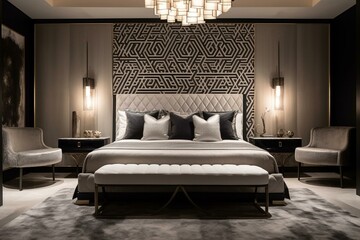 A glamorous Art Moderne style Bedroom boasting a plush white carpeted floor with customized geometric pattern, complemented by silver metallic accents on the bed and pendant lighting, generative ai