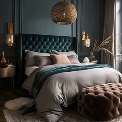A sophisticated bedroom with a velvet tufted headboard, a faux fur rug, and a brass sconce, generative ai