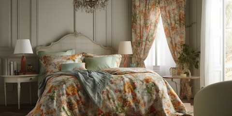 A delightful bedroom with a touch of countryside elegance emanates comfort through the harmonious display of floral prints and gingham textures, generative ai