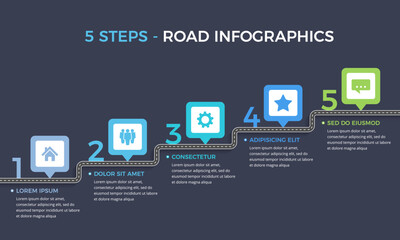 Road infographics template with five elements with place for your icons and text, dark background, vector eps10 illustration