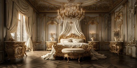 A Stunning Baroque Bedroom rending that captures the grandeur and extravagance of this iconic period featuring an opulent canopy bed complemented by silk textures, generative ai