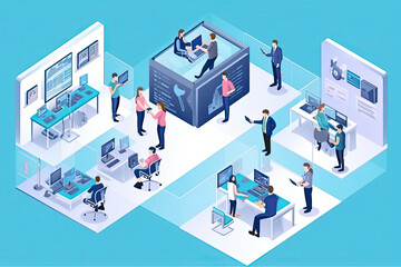 Isometric virtual office. Business people working together, technology companies workspace