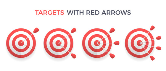 Red targets with one, two three and four arrows on white background, vector eps10 illustration