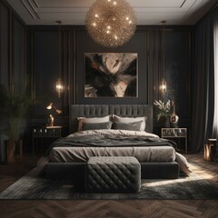 A stunning Art Moderne bedroom design with an edgy aesthetic, featuring elegant furnishings, metallic accents, and plenty of reflective surfaces for added brilliance, generative ai