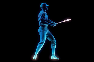 Obraz premium Silhouette, image of a baseball player with a bat on fire, blue hologram on a dark background. Sports concept
