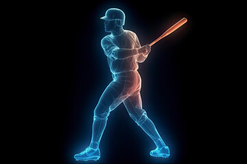 Fototapeta na wymiar Silhouette, image of a baseball player with a bat on fire, blue hologram on a dark background. Sports concept