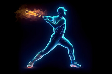 Fototapeta na wymiar Silhouette, image of a baseball player with a bat on fire, blue hologram on a dark background. Sports concept