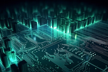 Smart city on circuit board background. Futuristic cyberspace concept