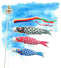 アナログ水彩青空に泳ぐ鯉のぼり3匹と吹き流し