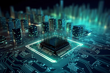 Smart city on circuit board background. Futuristic cyberspace concept