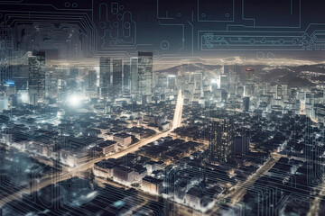 Naklejka premium Smart city on circuit board background. Futuristic cyberspace concept