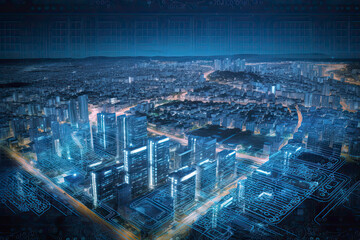 Smart city on circuit board background. Futuristic cyberspace concept