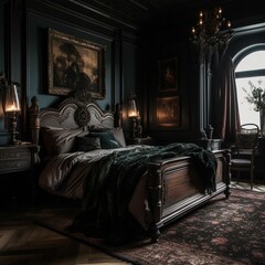 A sophisticated Gothic Bedroom with dark wooden furniture and plush velvet textiles, generative ai
