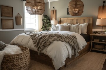A Traditional Farmhouse Bedroom showcasing a wooden bedframe with chicken wire insets, a burlap drum pendant light, and a cozy woven throw blanket, generative ai