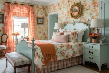 A vibrant Country bedroom infusing an energetic pop of color against the backdrop of the serene floral prints and quaint gingham texture, generative ai