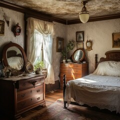 A vintage Victorian bedroom with lace curtains and antique dressers, generative ai