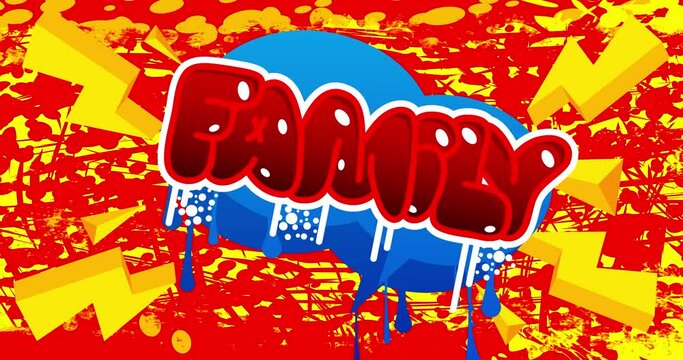 Family Graffiti word animation. Abstract modern street art business text design video performed in urban painting style.
