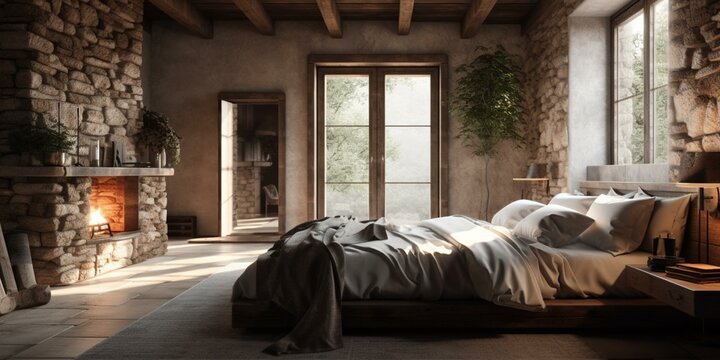 A cozy Zen style Bedroom adorned with fluffy cotton pillows and a rustic stone fireplace, generative ai