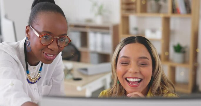 Collaboration, computer and laughing with business women friends in the office, working together on a project. Teamwork, funny or human with a black woman employee and colleague having fun at work