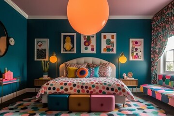 A playful Retro Bedroom with eye-catching Pop art prints, graphic patterns wallpapers, a bold geometric rug, and a unique spherical pendant light, generative ai