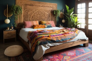 A cozy Global bedroom with a carved wood headboard, colorful textiles, and a natural woven rug, generative ai
